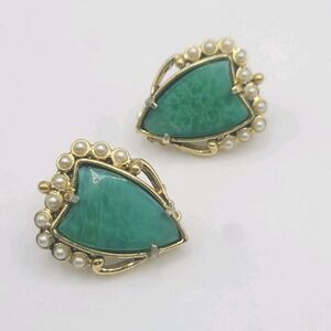 Vintage Weiss Earrings Green Faux Pearl Signed Clip Ons